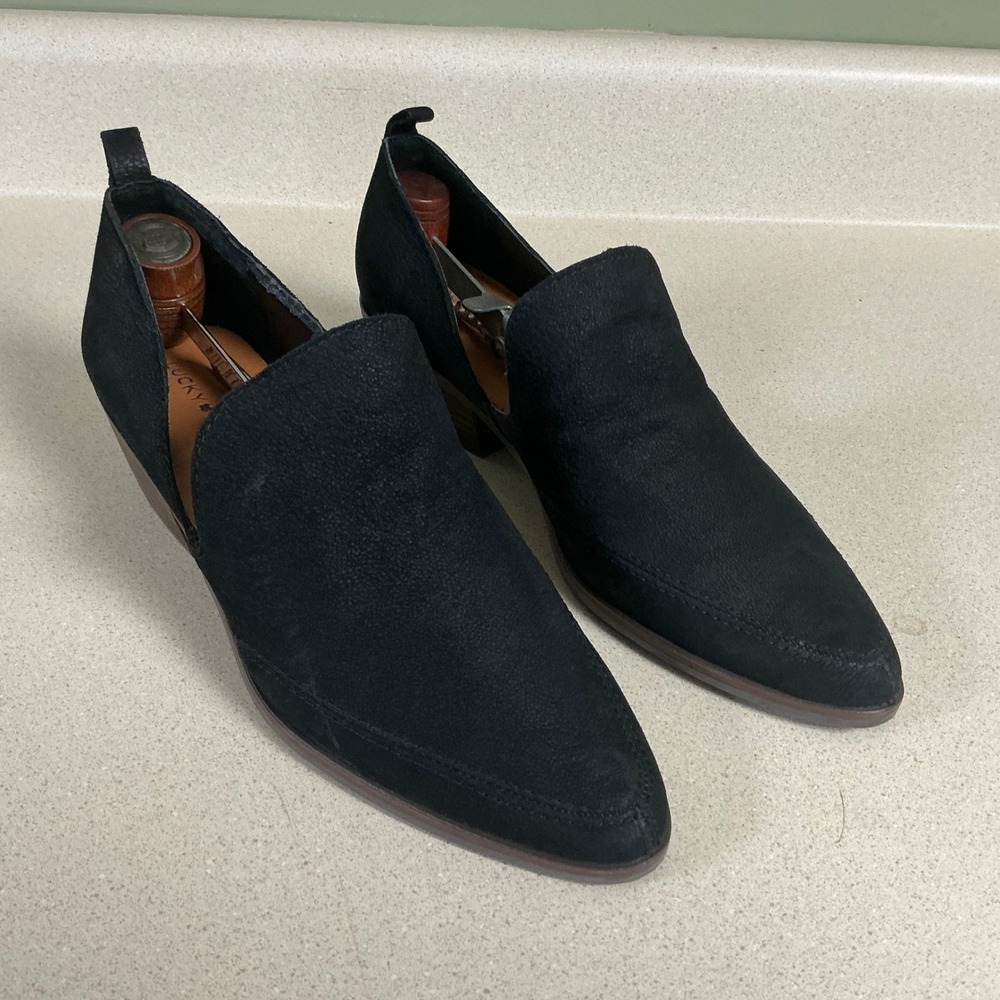 Lucky Brand Black Suede d'Orsay Cutout Pointed Toe Low Block Heel Booties